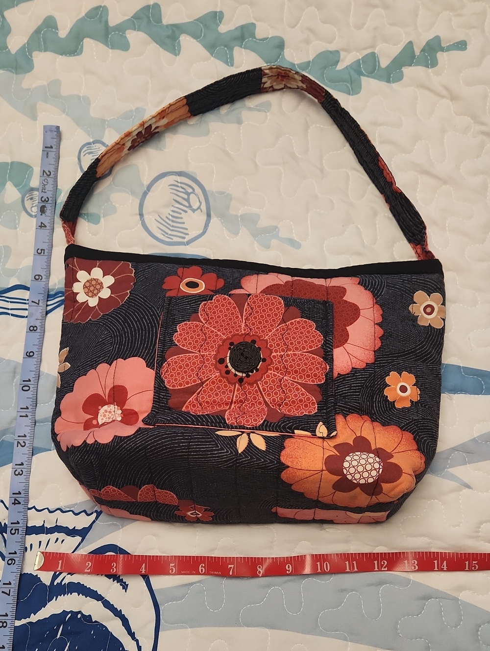 Floral Quilted Shoulder Bag in Black with Coral and Orange Blooms